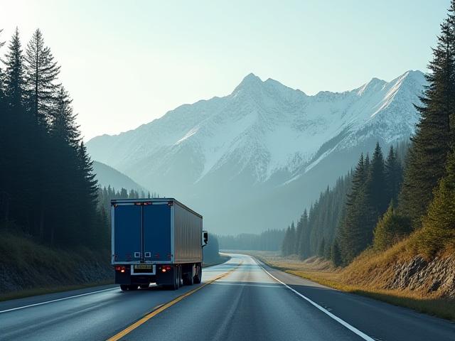 MAJ Transportation truck navigating a scenic northern trade route toward Canada.