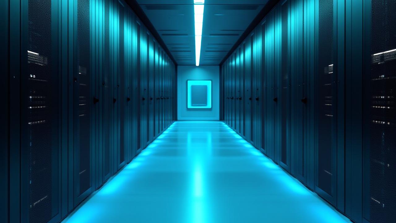 Modern data center aisle with glowing blue lights representing high-tech logistics