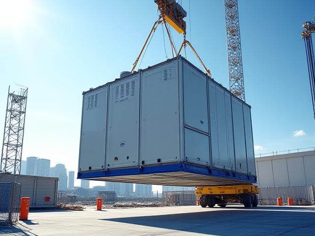 Specialized lifting equipment offloading a heavy industrial cooling unit at a tech facility