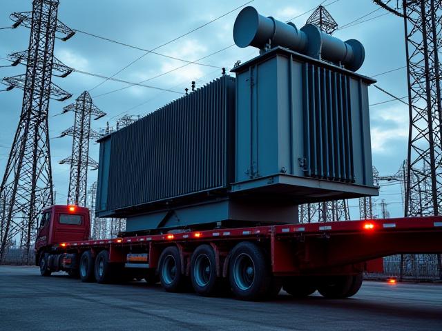 Heavy haul trailer transporting a massive power transformer for an energy grid project