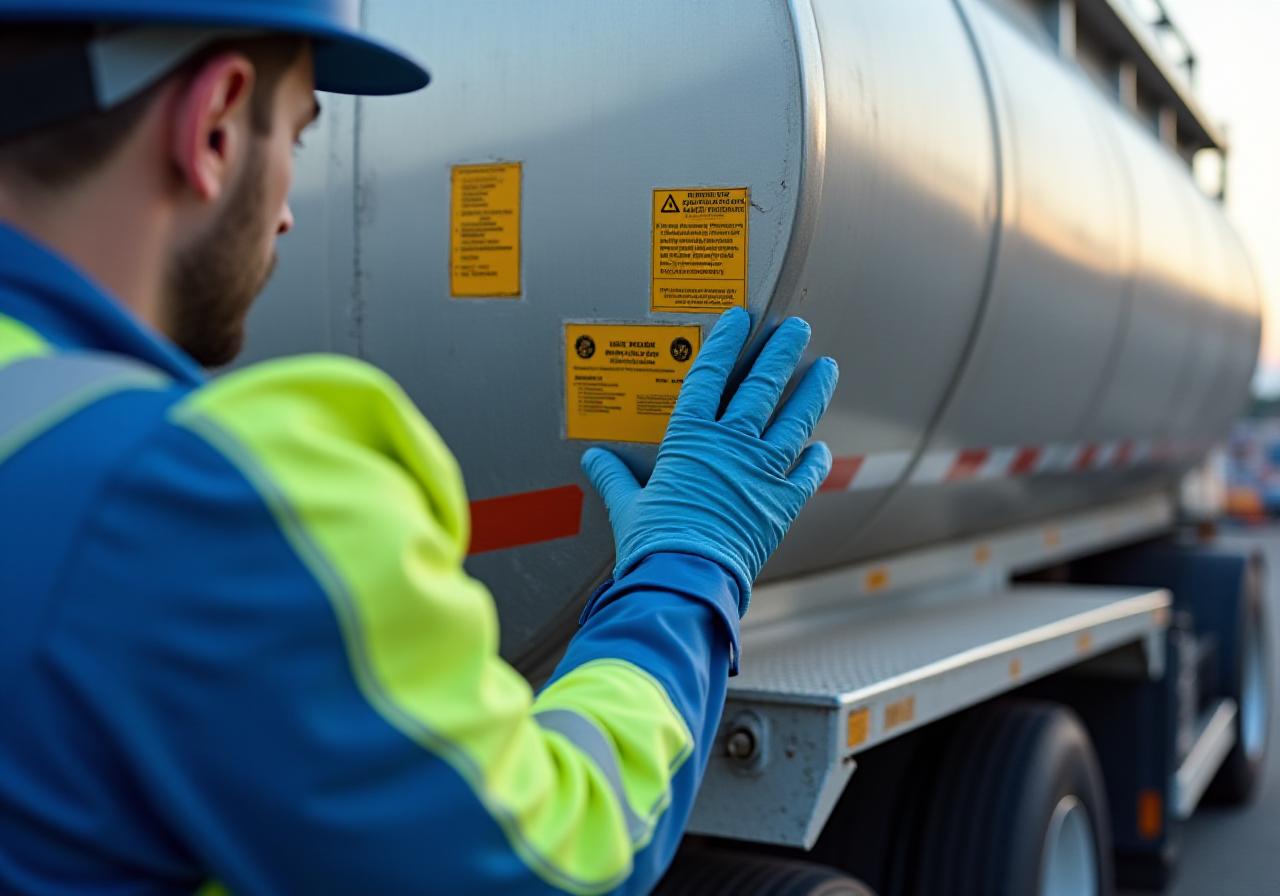 Certified driver inspecting hazmat cargo container with safety equipment
