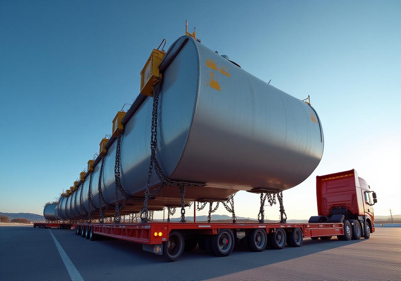 Oversized heavy equipment secured on a lowboy trailer during transport
