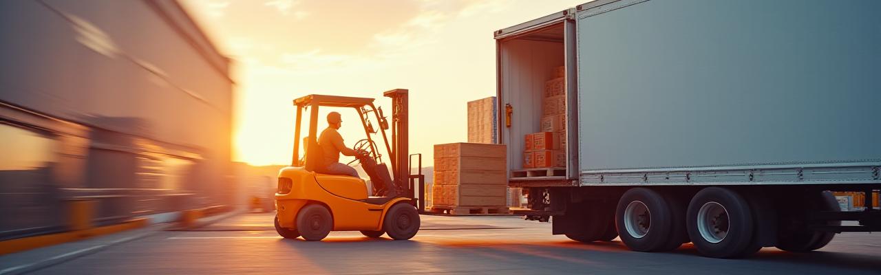 Logistics operation showing a forklift loading a cargo truck at a shipping dock