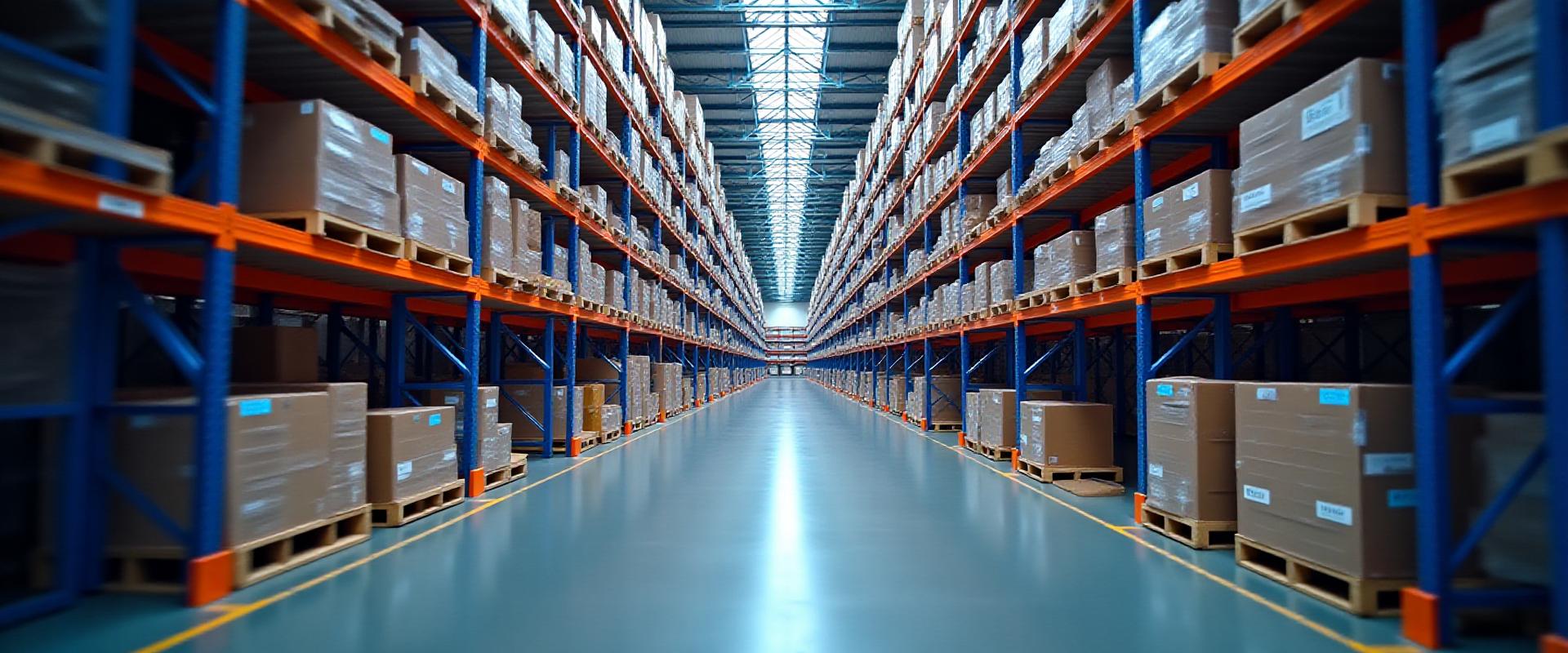 Modern, high-ceiling logistics warehouse facility with organized racking systems