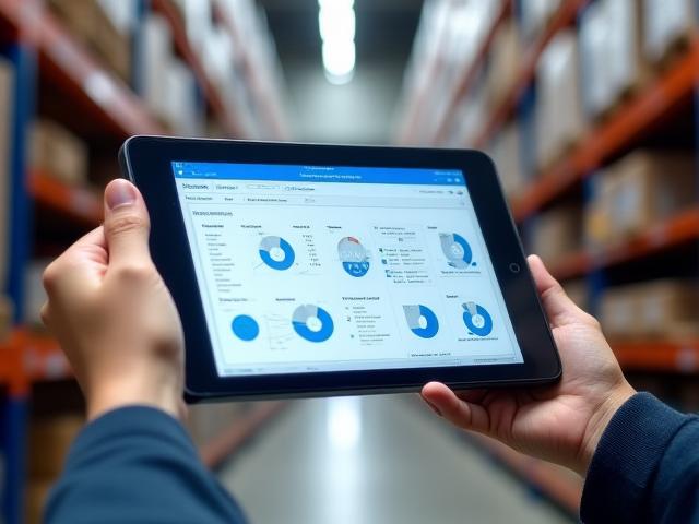 Logistics manager using a modern warehouse management system on a tablet device